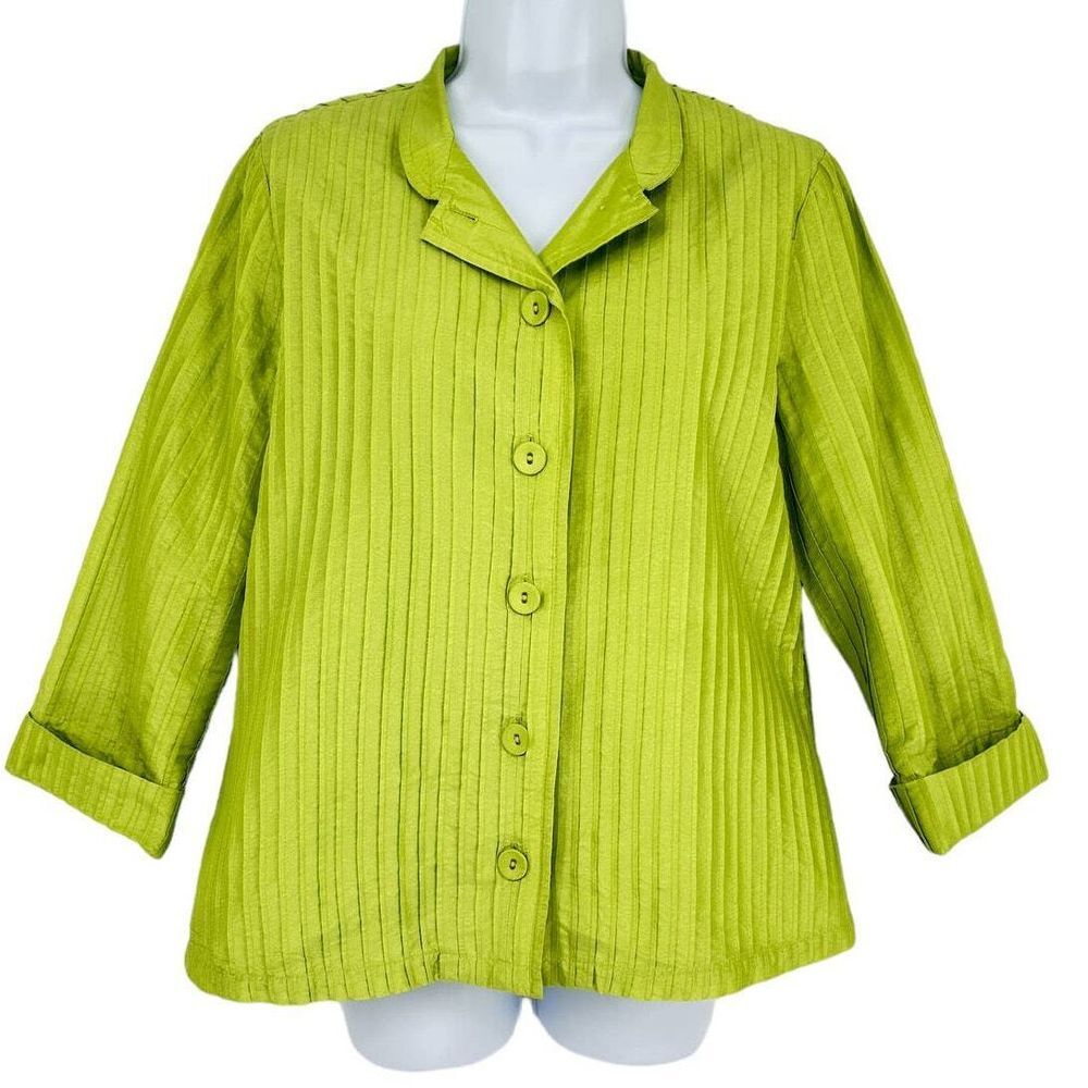 Chico's SZ 1/M/8 Women's Button Down Sewn Pleats Fully Lined Green‎ Jacket